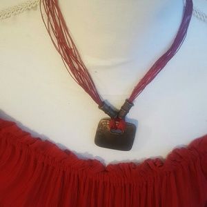 NWOT - Red Multistrand Necklace w/ Brass Drop